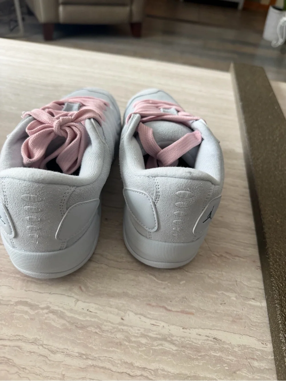 Jordan Light Gray Suede Sneakers with Pink Laces
